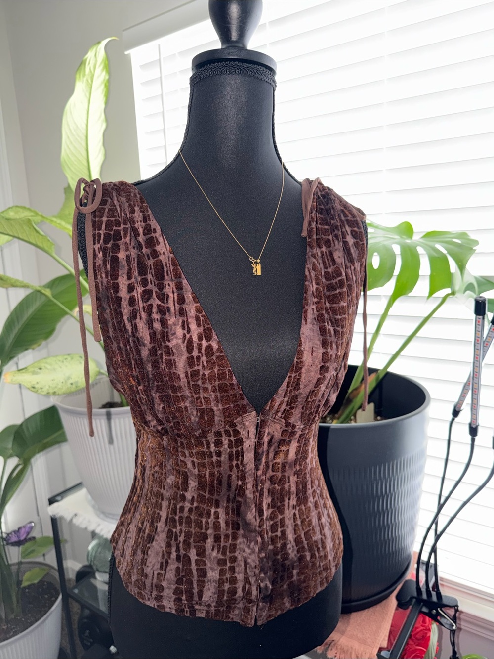 Windsor Brown Velvet Cropped Tie-Shoulder Blouse